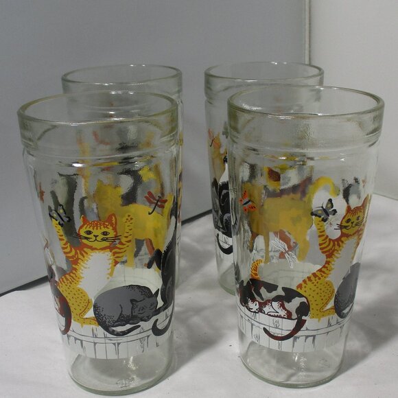 Set of 4 Anchor Hocking Cats on a Fence Playful Kittens Glass Drinking Cups - Picture 2 of 12